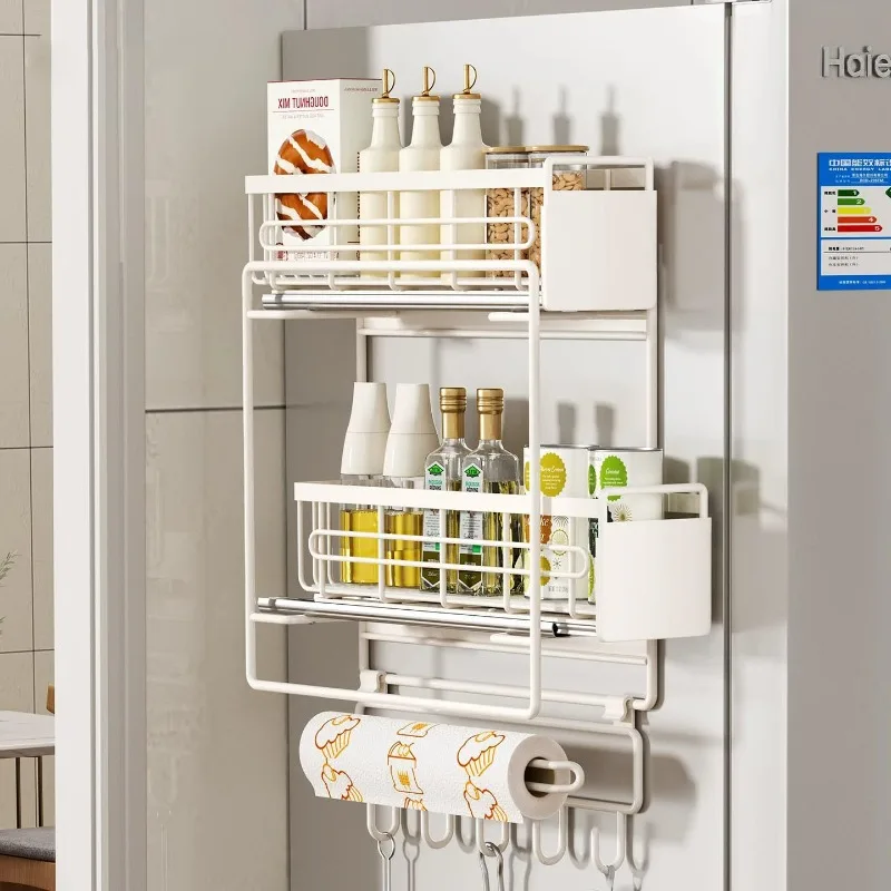 Magnetic pull-out refrigerator rack, multi-functional layered seasoning rack, narrow non-punching storage rack behind the door