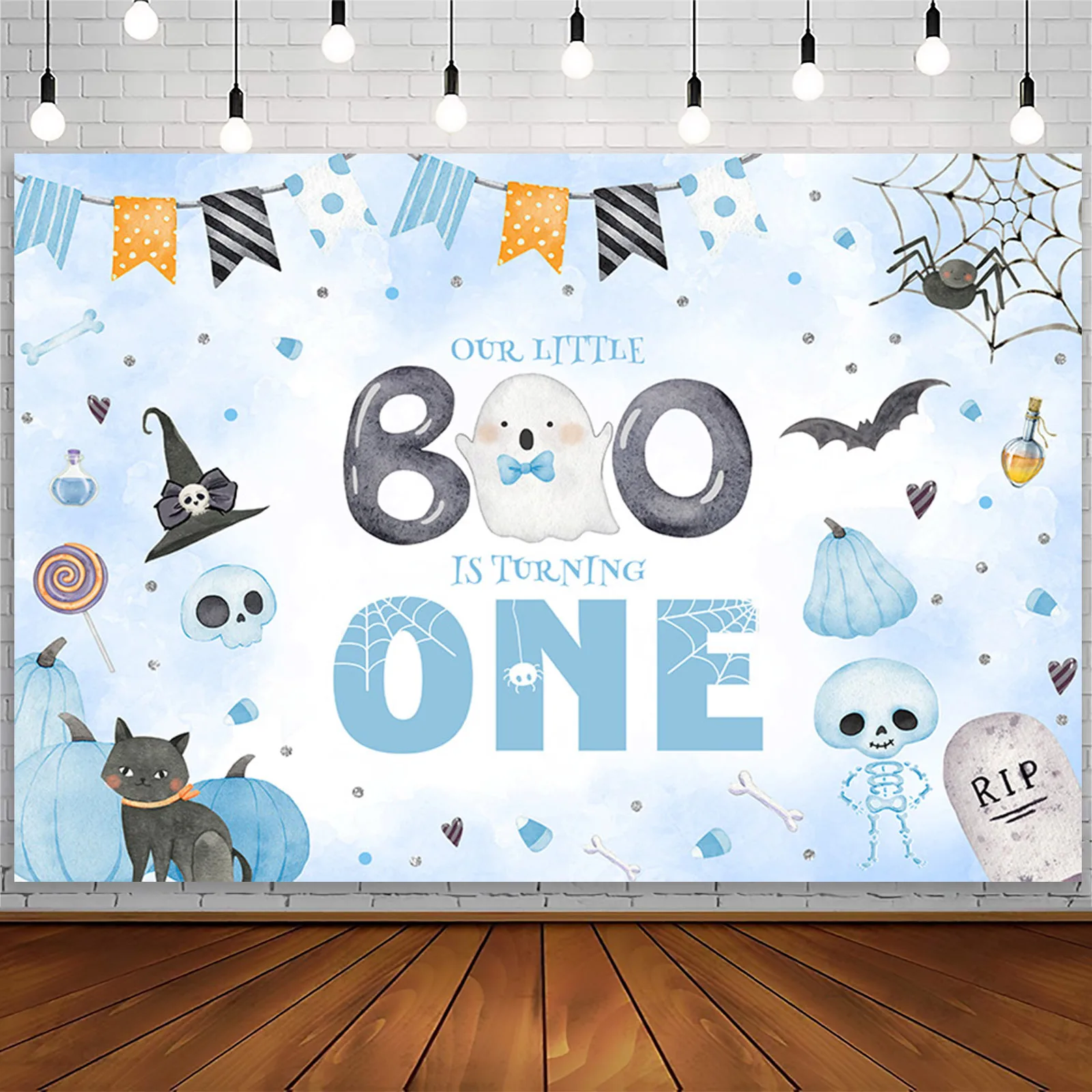 Halloween Spooky One Backdrop Watercolor Blue or Pink Happy 1st Birthday Party Decor Pumpkin Boo Bat Ghost Spider Web Background