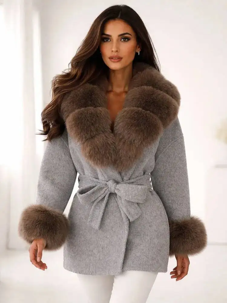 ONEXWEN Women's Luxury Wool Blend Coat With Real Fur Collar Cuffs Elegant Tie Waist Long Trench Jacket Winter Overcoat ZM5387