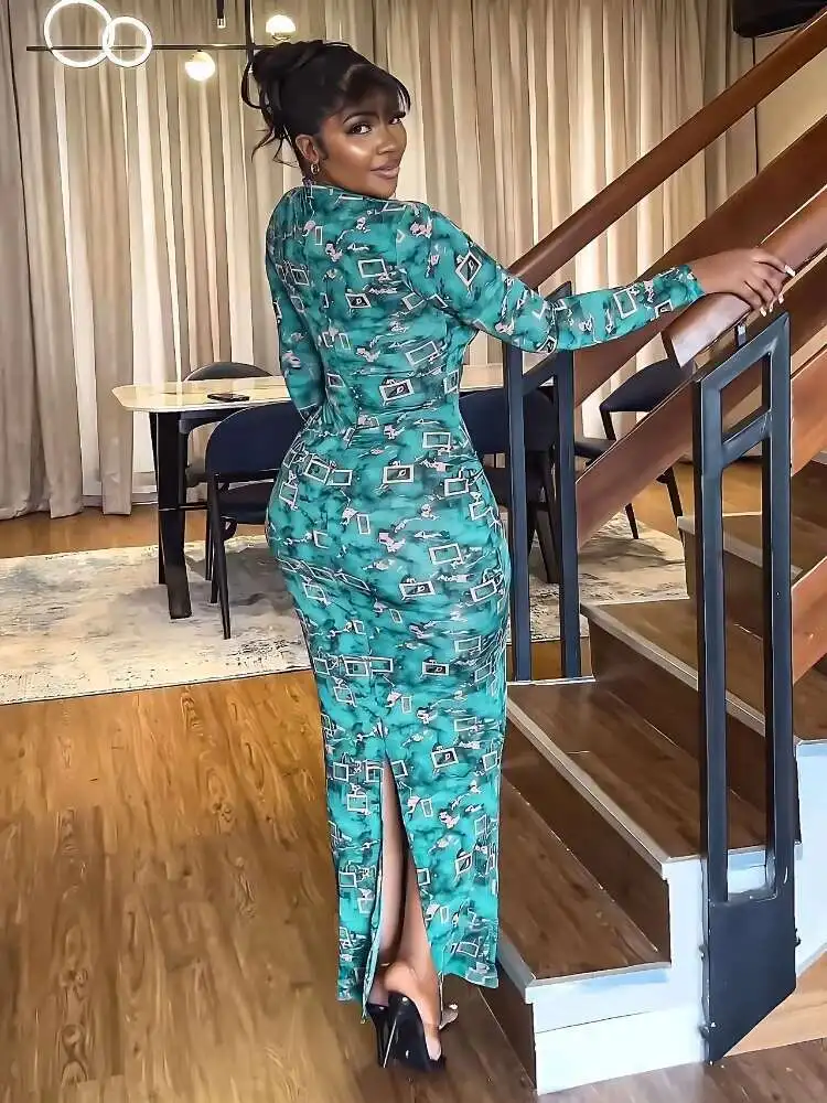 Abiti stampati per le donne Guaina collo mezzo alto tagliato manica lunga alla caviglia blu Ral abiti da sera aderenti sexy da sera