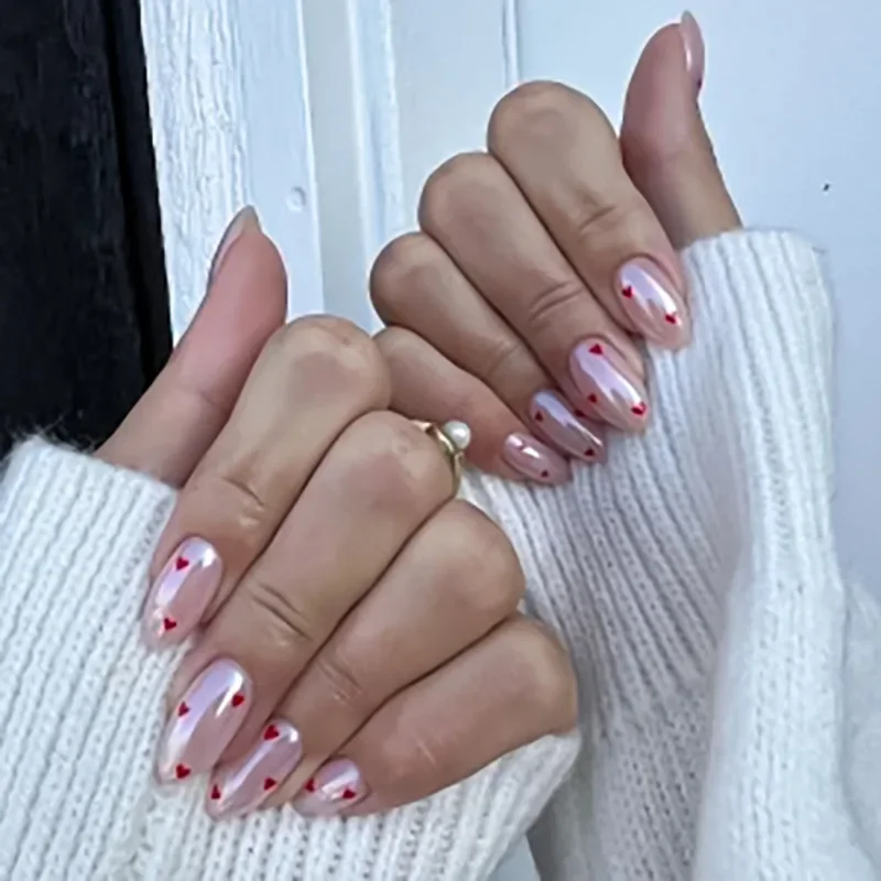 

Cute Pearlescent White Red Love Heart Nude Almond Shape Fake Nails Art False Nails Charm Valentine's Day Press on Nails Manicure