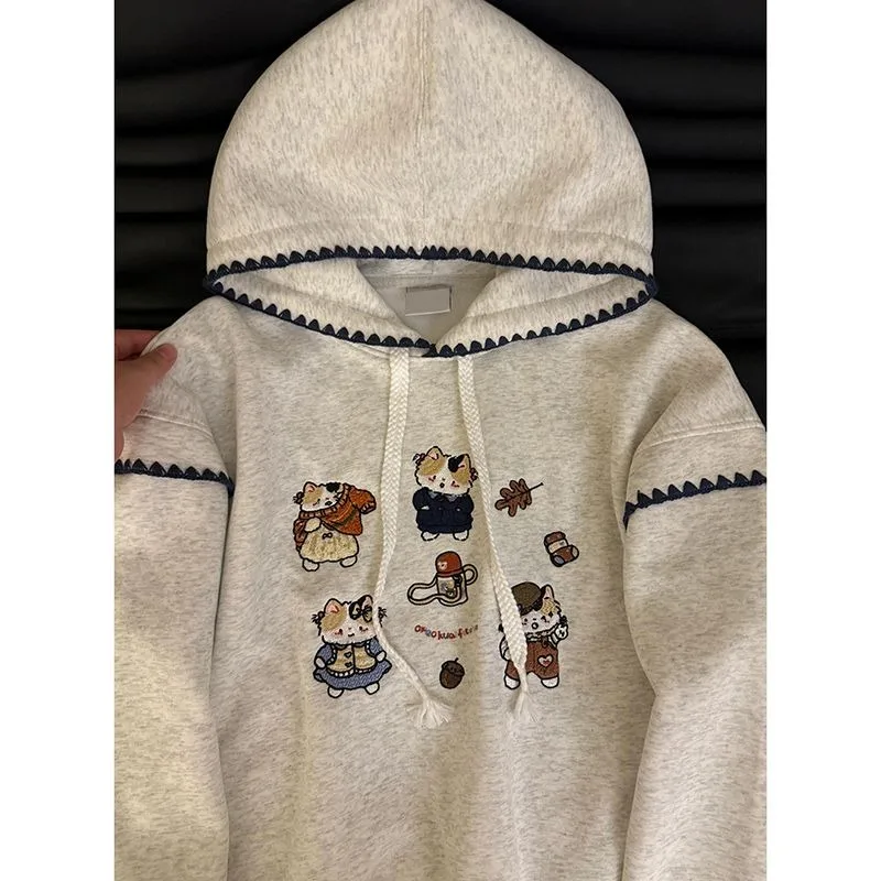 High Quality Japanese Cute Cats Embroidery Y2K Hoodies Loose Oversized Cartoon Sweatshirt Preppy Teenage Kawaii Clothes Harajuku