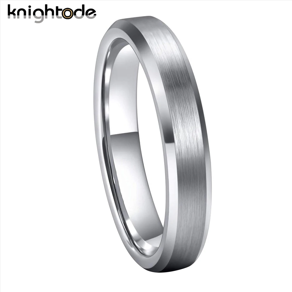 4mm Silvery Tungsten Carbide Wedding Rings For Women  Anniversary Jewelry Pinky Ring Beveled Edges Brushed Surface Comfort Fit