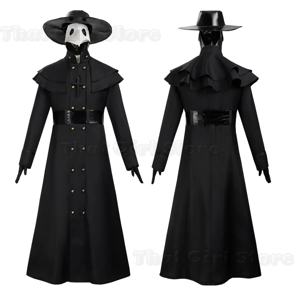 Halloween Mittelalterliche Kapuzenrobe Pestdoktor-Kostüm Maske Hut für Männer Mönch Cosplay Steampunk Priester Horror Zauberer Umhang Cape