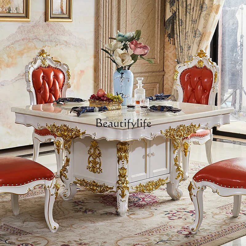 European-Style Square Dining Table Marble Top Solid Wood Home Table