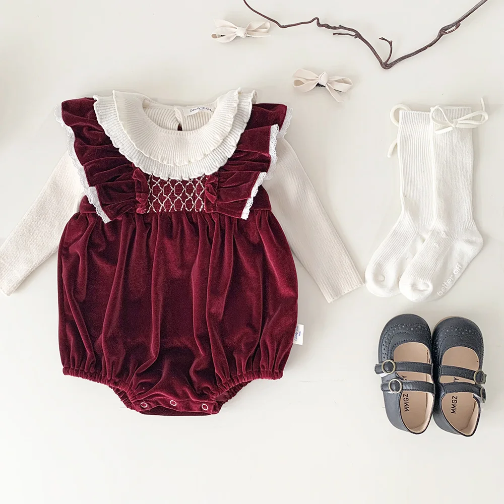 Autumn Winter Dress Cute Velvet Smocked Embroidery Dress Baby Girl Ruffles Romper Sisters Matching Look Birthday Party Clothes