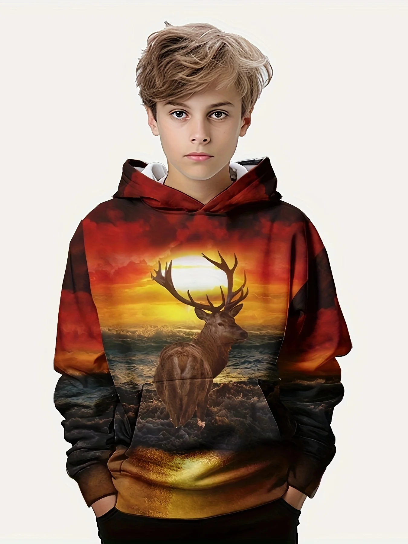 Deer In The Snow 3D Print Boys Long Sleeve Hoodie Fashion Animal Sweatshirt For Boy Girl Spring Kids Hoodies Tops Chico Sudadera