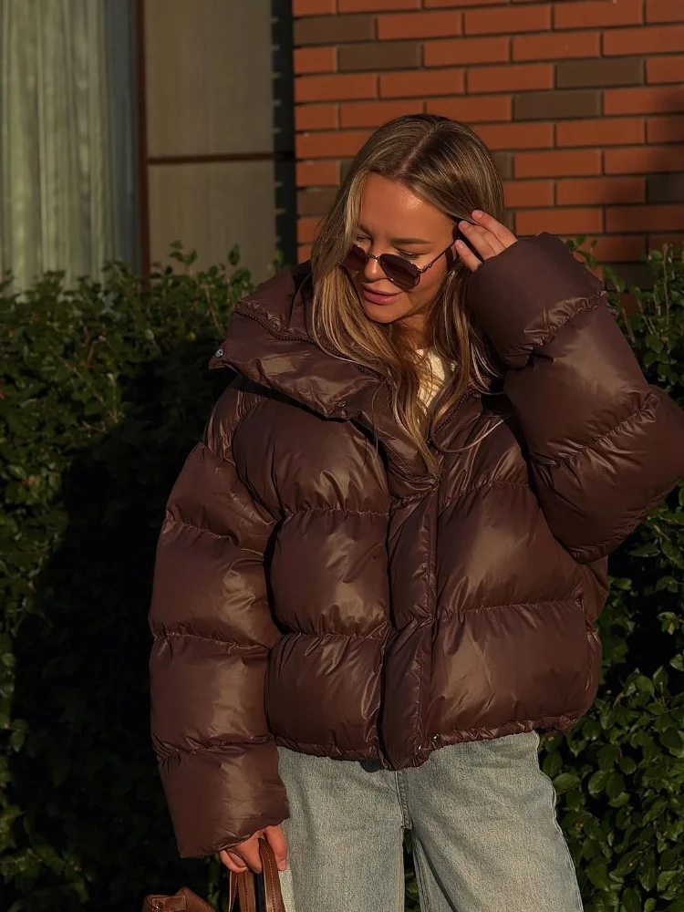 

Women Autumn Hooded Short Cotton Coat Casual Brown Stand Collar Full Sleeve Loose Jacket Chic Lady Winter Office Commute Outwear