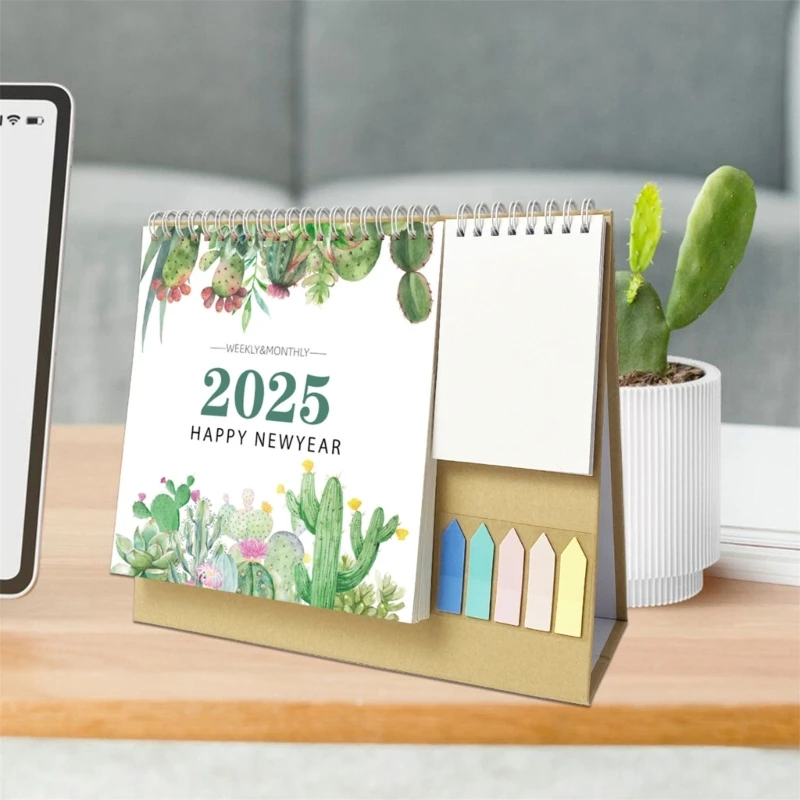 Calendrier bureau 2025 avec bloc-notes étiquette colorée, planificateur mensuel avec poche rangement pour bureau