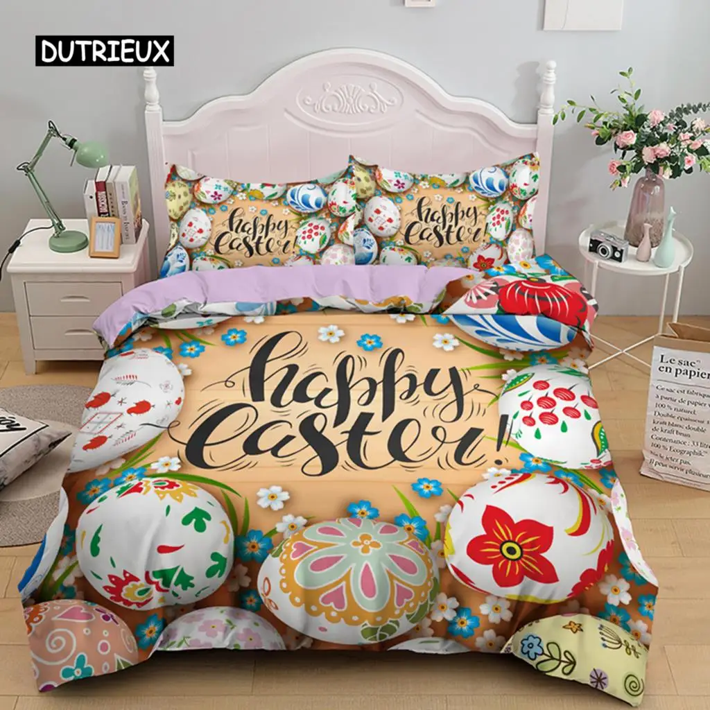 

Easter Egg Duvet Cover Set Cartoon Cute Egg Bedding Set Happy Easter Theme Comforter Cover for Kids Teens Microfiber Bedclothes