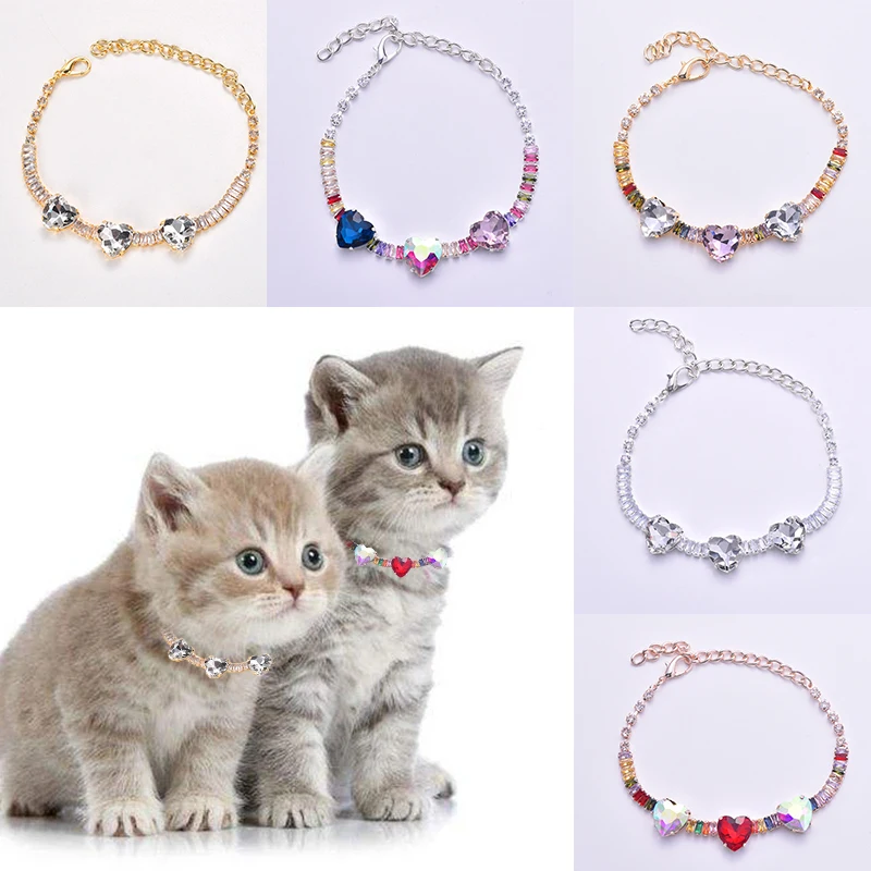 

Colorful love diamond pet necklace adjustable shiny rhinestone cat Harness dog collar for puppy kitten collars Accessory