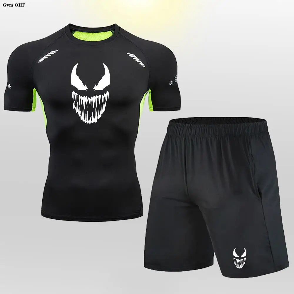 Männer T-Shirt Shorts Set Anime Kompression Sporta nzug Herren Kleidung Laufen Trainings anzug tragen Übung Training