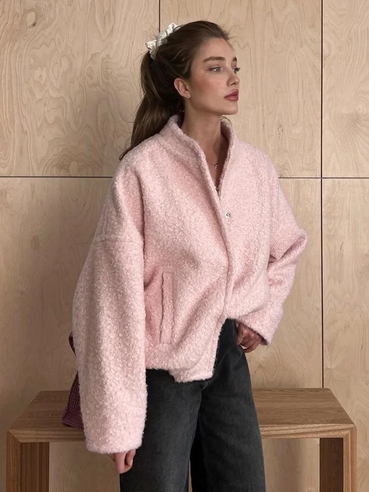 

Women Fashion Pink Loose Bomber Jacket With Pocket Autumn Casual Single Breasted Long Sleeve Outerwears Chic Female Outdoor Coat