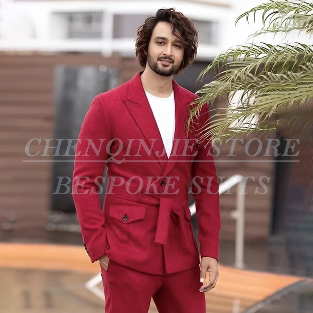 

High Quality Red Men's Suits Fashion Single Breasted Slim Fit 2 Piece Jacket Pants Sets Belted Wedding Male Clothing Blazer