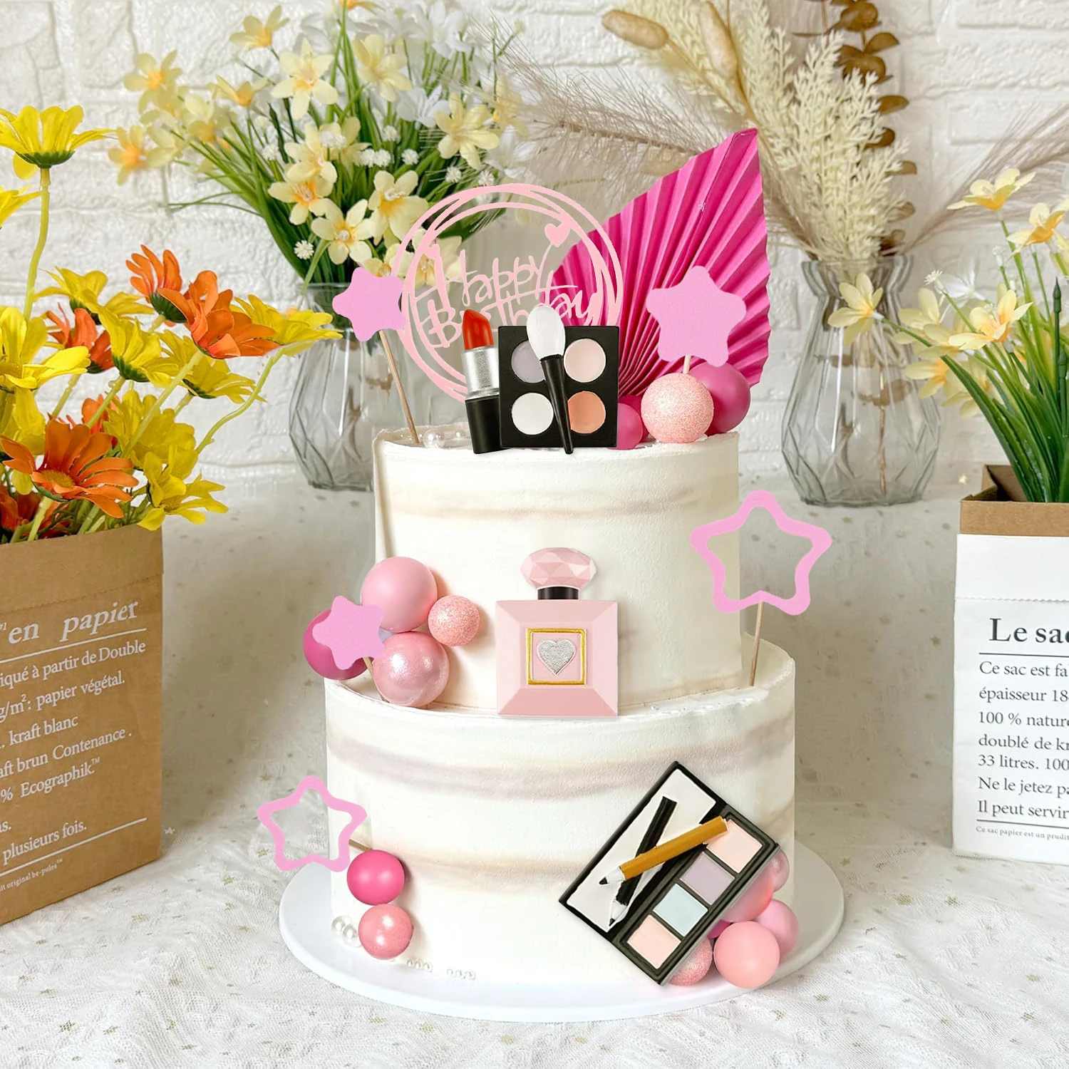 34PCS Makeup Cake Topper Happy Birthday Cake Topper with Lipstick Eye Shadow Makeup Brush for Girls Makeup Birthday Party Decor