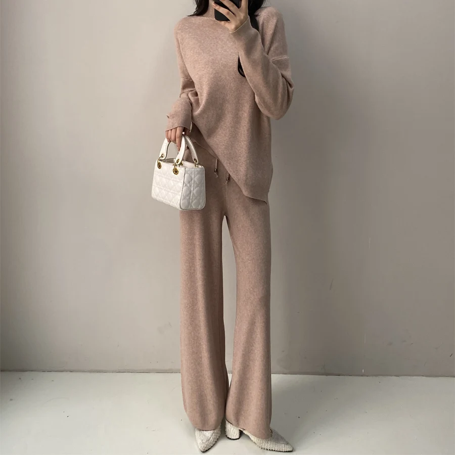 Winter Knitted Pants Sets For Women High Quality Korea Casual Temperament O-neck Pullover Sweater+high Waist Pants Set Clothing