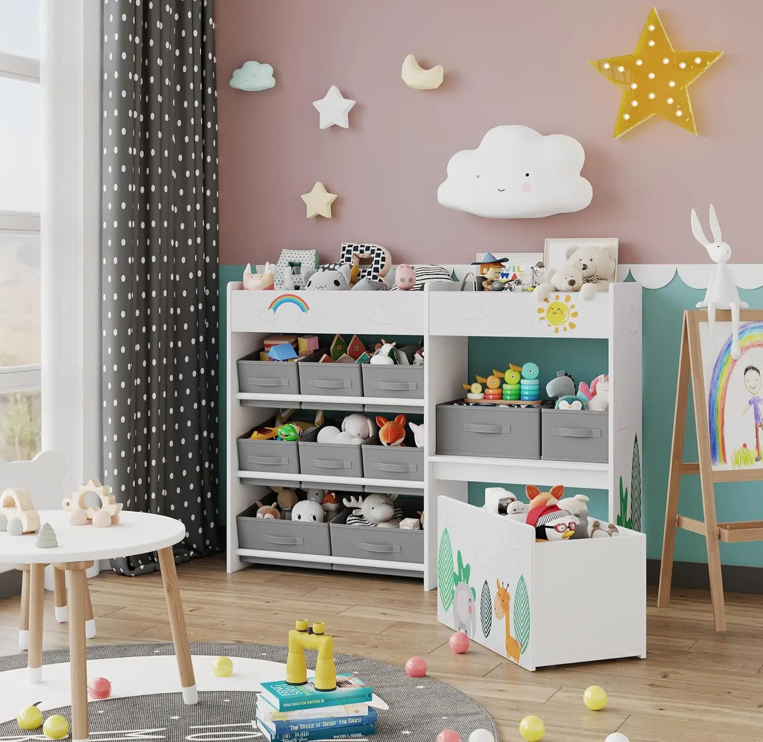 Organizador de armazenamento, estante de brinquedos com 10 caixas de tecido e baú de brinquedo móvel, armário de armazenamento de brinquedos para sala de jogos, quarto, enfermeira