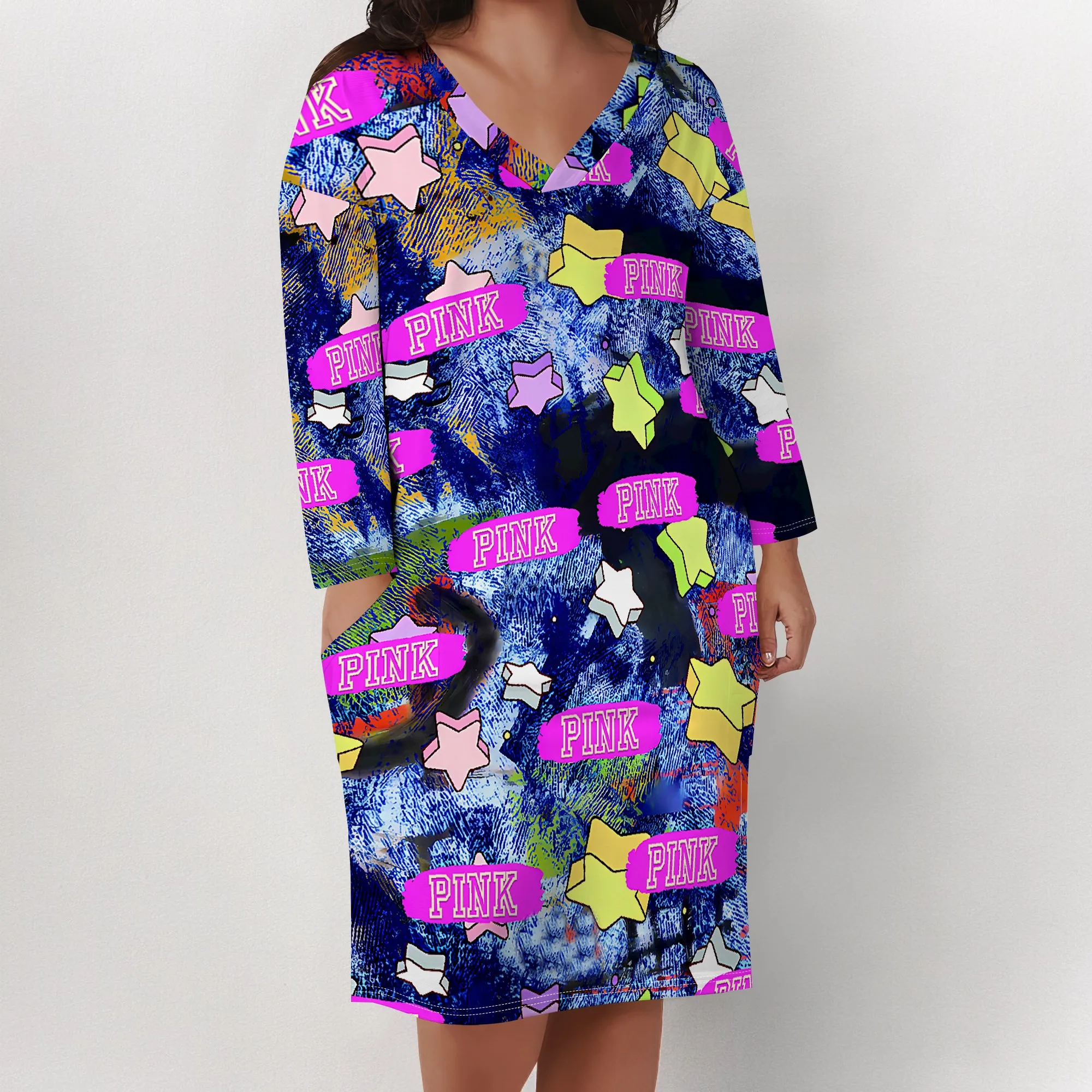 Plus Size Womens Sexy Casual Dresses for Curvy Women 3D Printed V Neck Short Sleeve Loose Maxi Dress with pockets