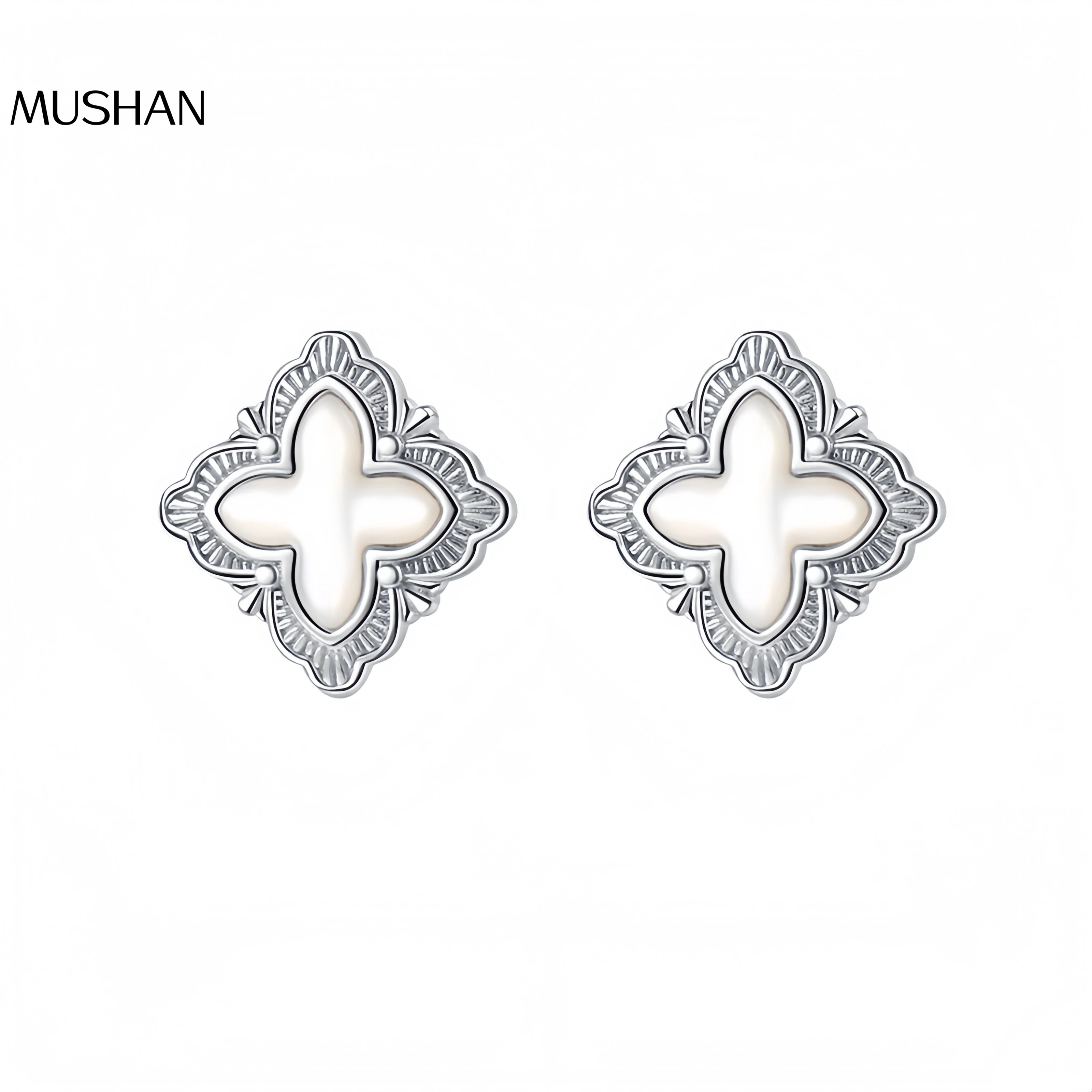 

Mushan Luxury Brand S925 Sterling Silver Italian Retro Four-Leaf Clover White Shell Stud Women'S High-End Earrings