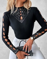 Women Black Sweaters Winter 2023 Popular Hollow-Out Rhinestone Pullover Tops Sexy High Quality Clothes