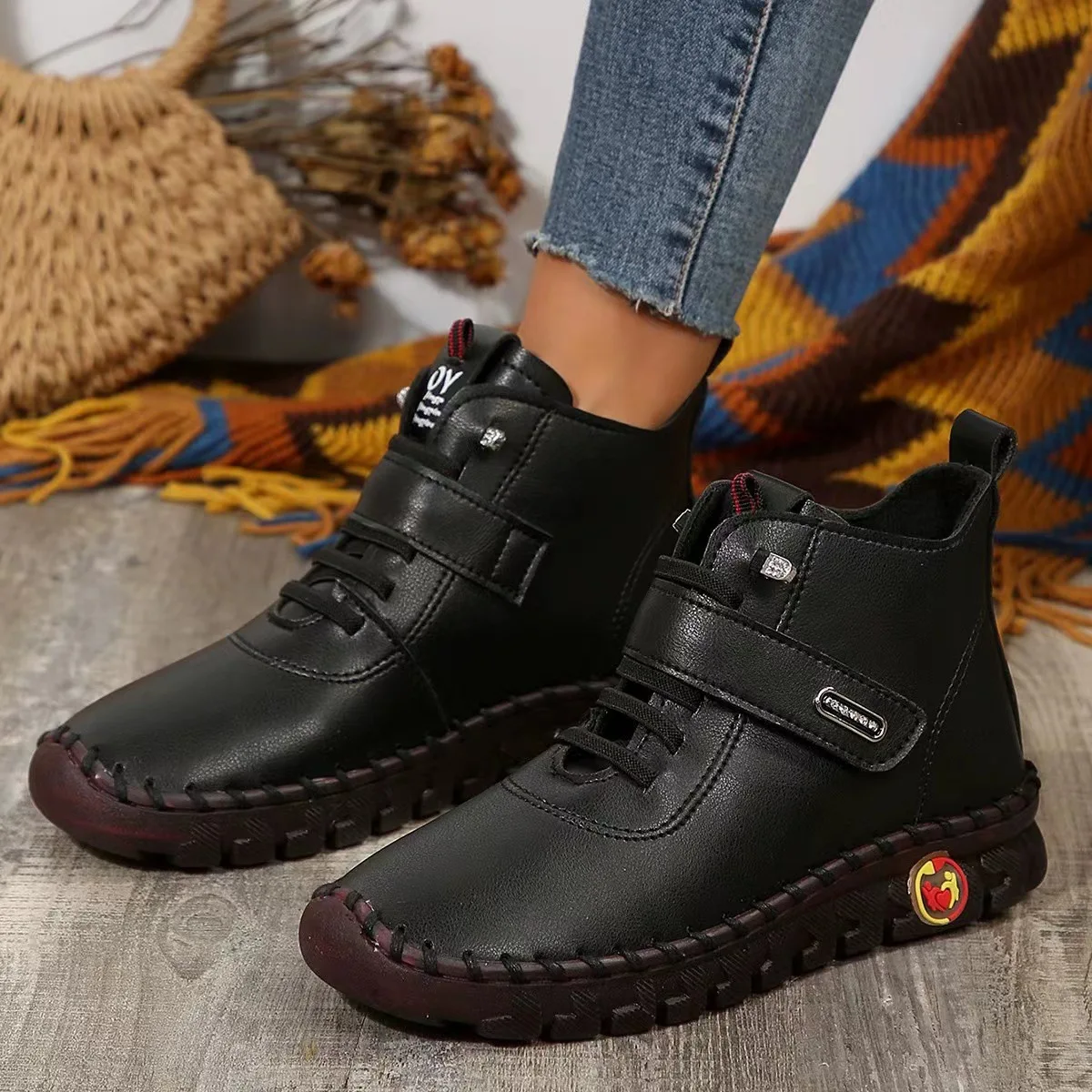 Winter Orthopedic Boots For Women Autumn Fall Leather Shoes With Fur Red Moccasins Woman Ankle Boots Mom Plush Sneakers Shoe