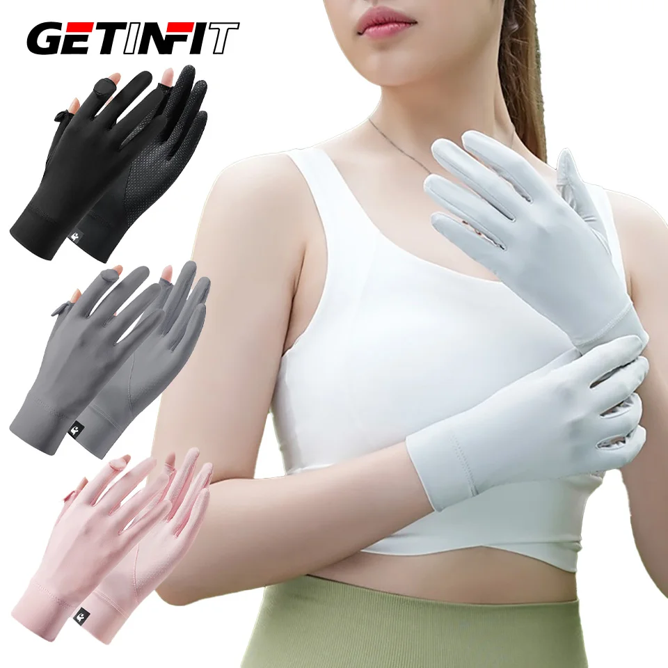 GETINFIT 1Pair Sunproof Gloves Thin Ice Silk UV Protection Driving Gloves Touchscreen Open Finger Non-Slip Outdoor Lightweight