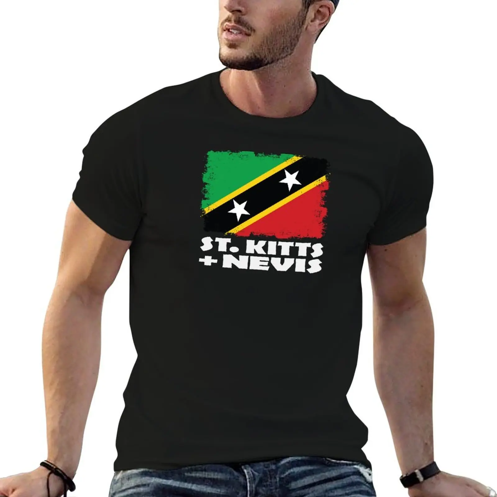 

St Kitts and Nevis National Flag Distress T-Shirt man t shirts for men man t shirts cotton T-Shirt