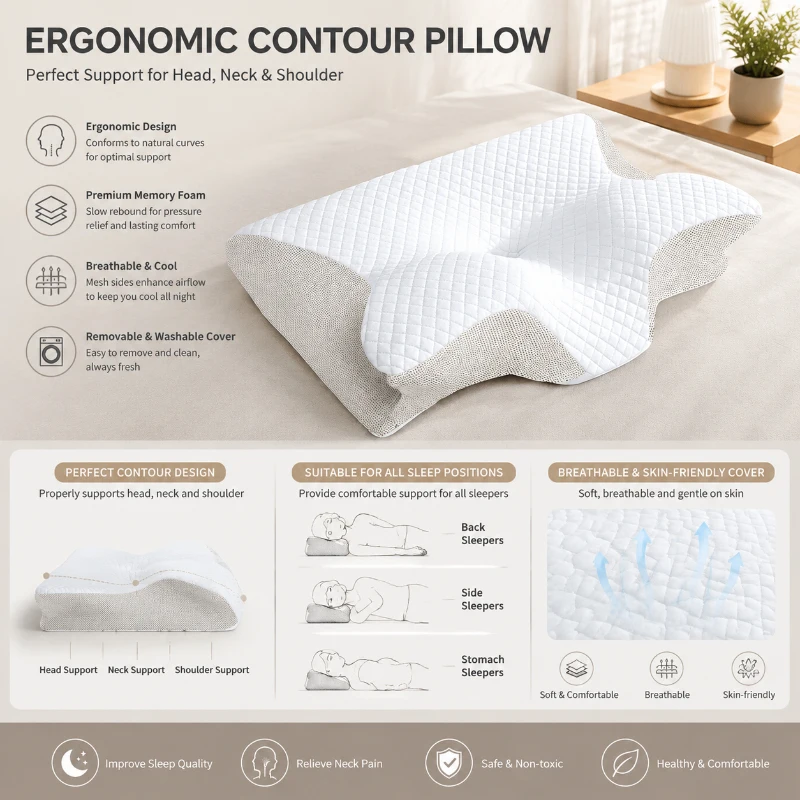 Almohada Cervical de Espuma Viscoelástica 2 en 1, Almohada Ortopédica Ergonómica de Contorno para Aliviar la Fatiga del Cuello, Descanso Diario