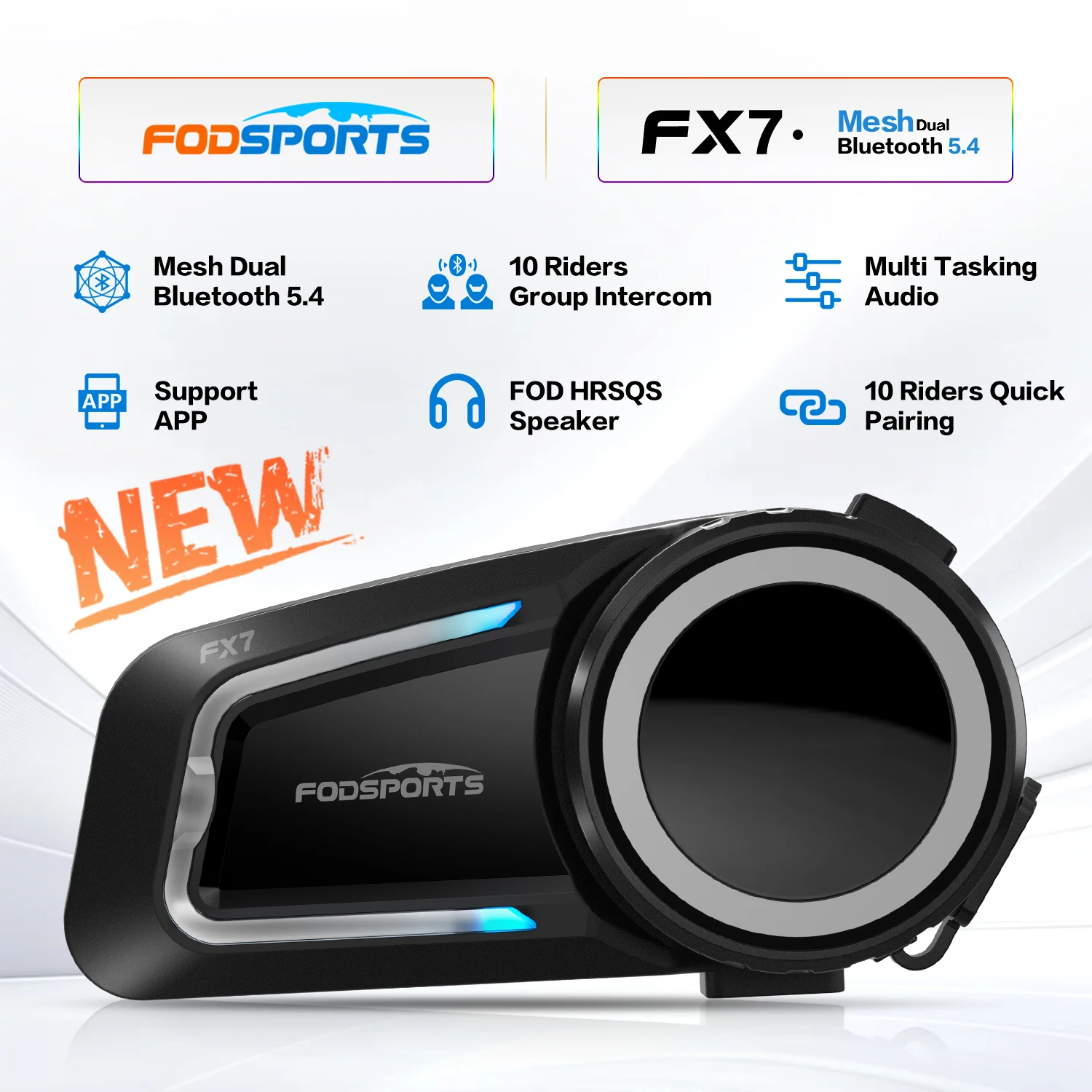 Fodsports FX7 casque de Moto Interphone maille Bluetooth casque casque Moto Interphone,10 cavalier 2000 M,BT5.4,APP de soutien