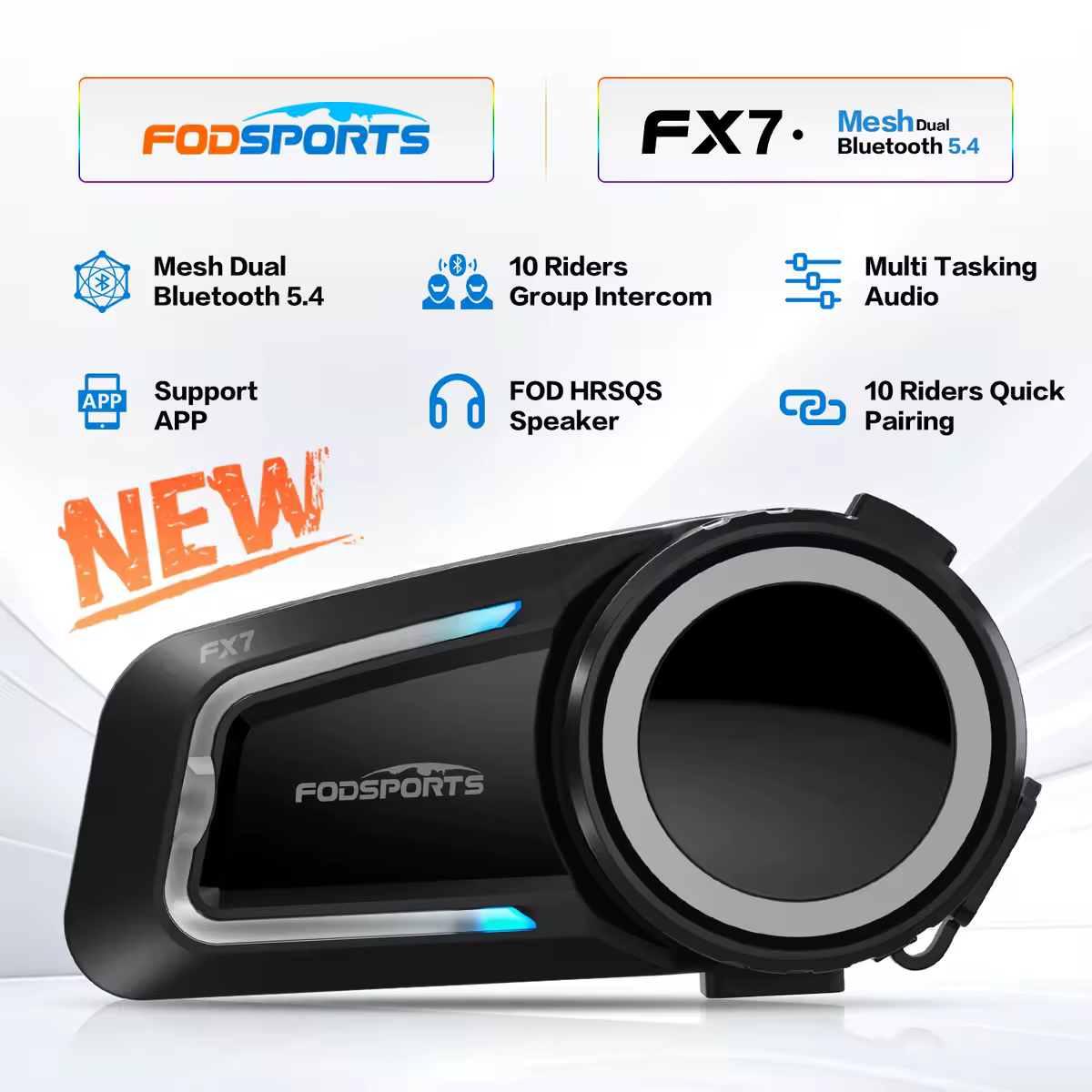 Fodsports FX7 Interfono per casco moto Mesh Auricolare per casco Bluetooth Interfono per moto,10 ciclisti 2000M,BT5.4,APP di supporto