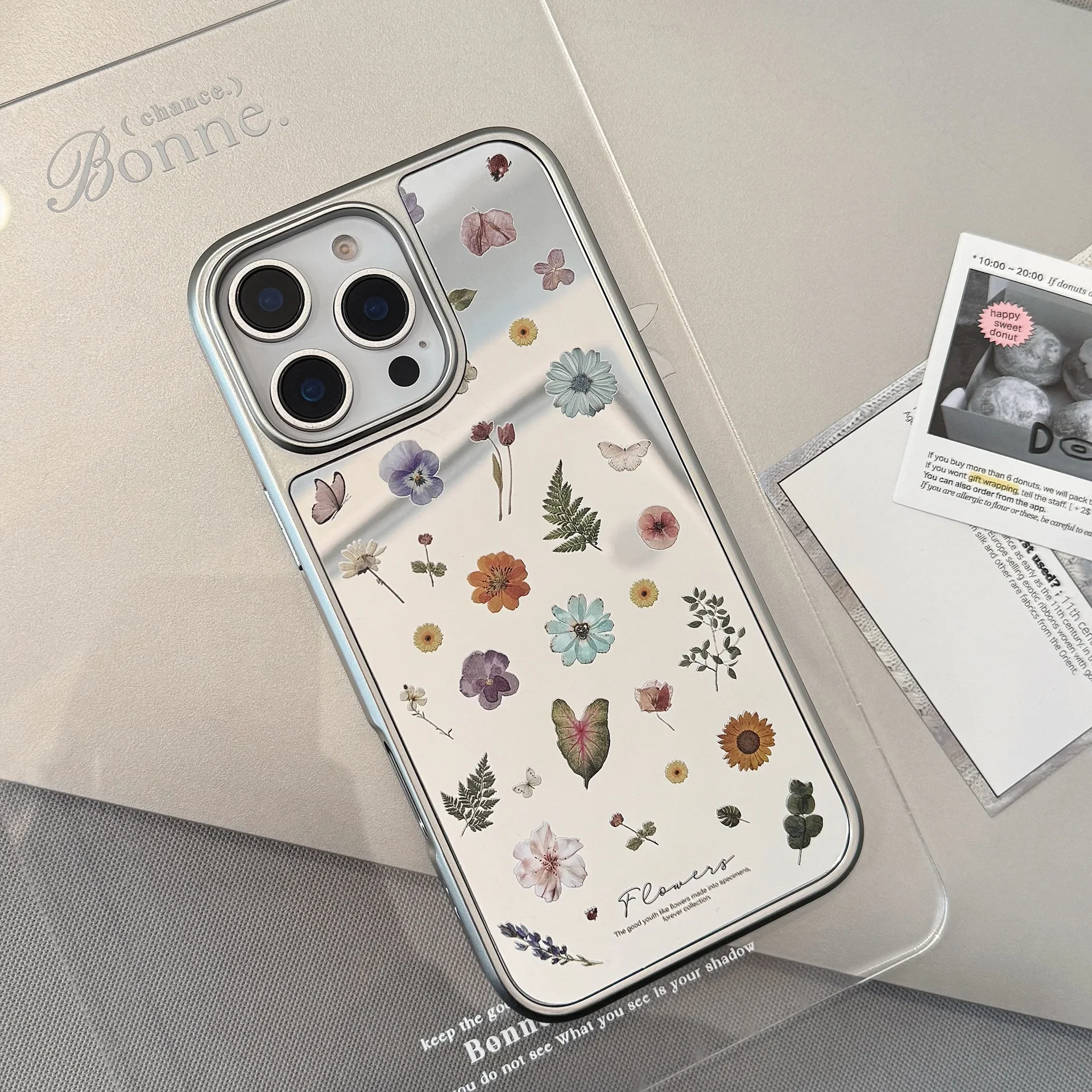 Koreanisches Schmetterlings-Blumenmuster, Make-up-Spiegel-Beschichtung, Handyhülle für iPhone 17, Air 15, 16, 14, 13, 12, Pro Max, stoßfeste Hartschale