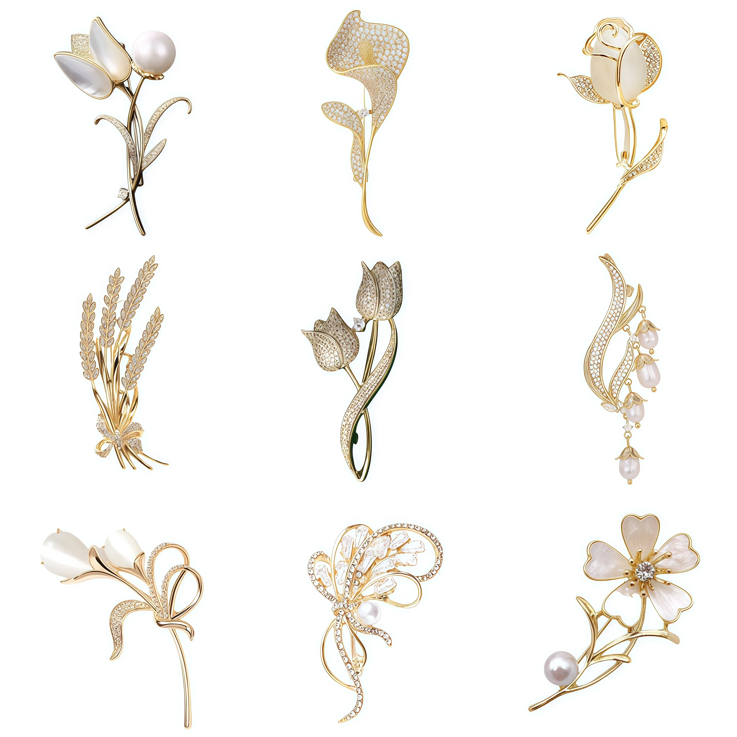 Essh&Pule Elegant Pearl Flower Brooch Crystal Tulip Rose Calla Lily Lapel Pin Suit Dress Accessory Wedding Banquet Jewelry Gift