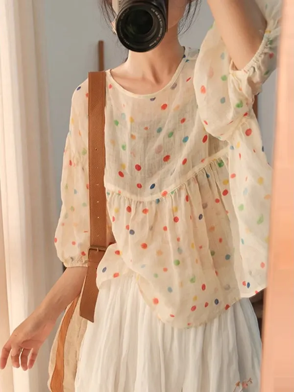 

Лето 2023, женские льняные брюки свободного кроя в горошек Lazy Versatile Sle Commute round Ne ort Sve irt