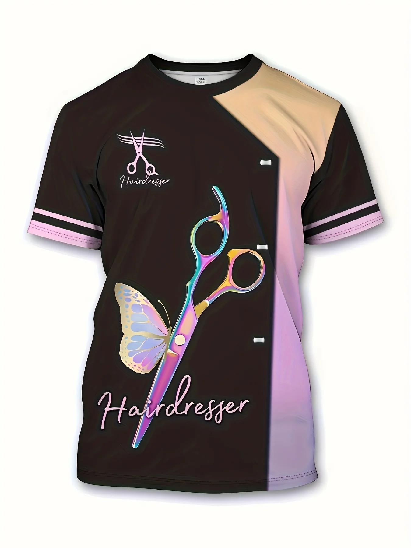 

Women's salon work T-shirt, black and pink hairstylist top with scissors pattern, beauty industry uniform, fashionable hairdress