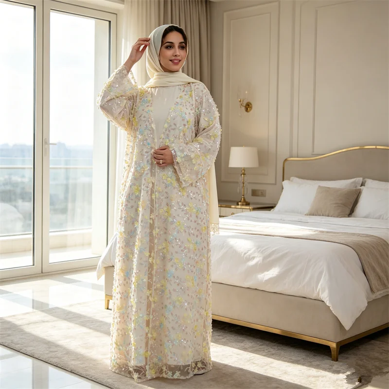 Ramadan Muslim Women Flower Open Abaya Cardigan Inner Dress w/Scarf Islamic Turkey Kaftan Dubai Party Evening Caftan Dubai