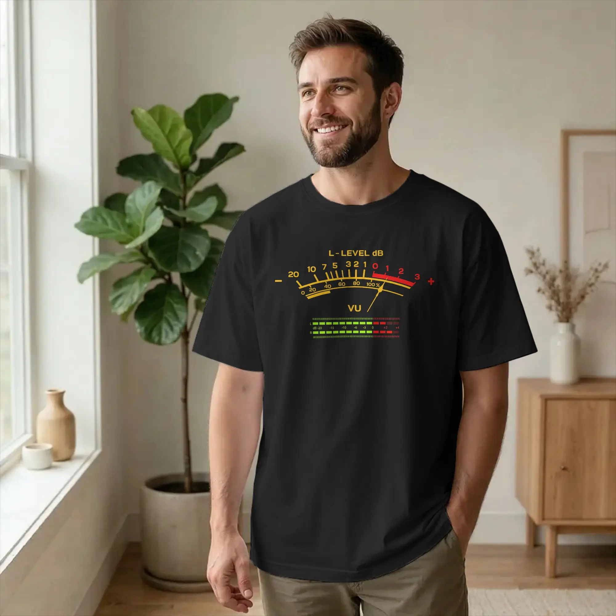 Men T-Shirt Sound Engineer VU Meter Creative Pure Cotton Tee Shirt Short Sleeve Audio Stereo Music T Shirts Crewneck Clothing