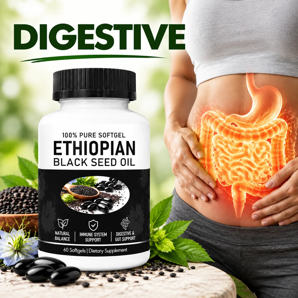 Ethiopian Black Seed Oil Softgels for Digestive & Gut Health, Immune System,Energy Support,800mg with Thymoquinone,60 Softgels