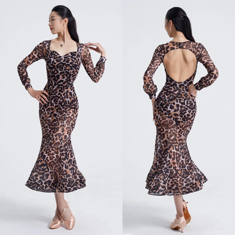 

Adults Waltz Modern Dancing Suits Women'S Latin Dance Competition Costumes Long Sleeves Leopard Top Ballroom Dance Skirt SL13250