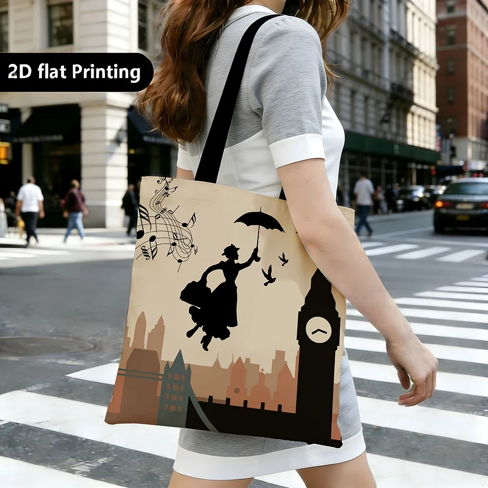 1pc Inspired By The London Skyline, This Tote Bag Features Playful Silhouettes of Musical Notes, Big Ben, and Tower Bridge.
