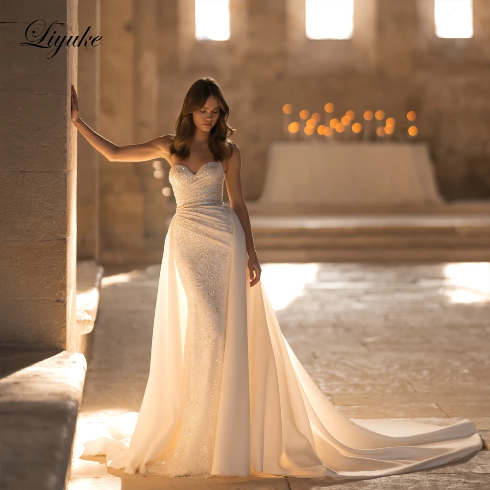 Liyuke vestidos de novia de sirena fascinantes, lentejuelas brillantes, encaje intrincado, abalorios, pliegues fruncidos, 2 en 1, vestidos de novia