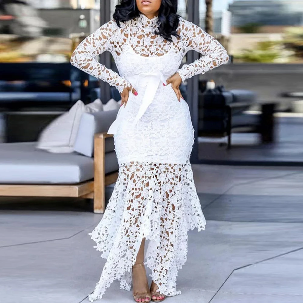 Women Elegant French Lace Dress Stand Up Collar Puff Sleeve Slim Sexy Hollow Out Irregular Hem Party Club Evening Midi Dresses