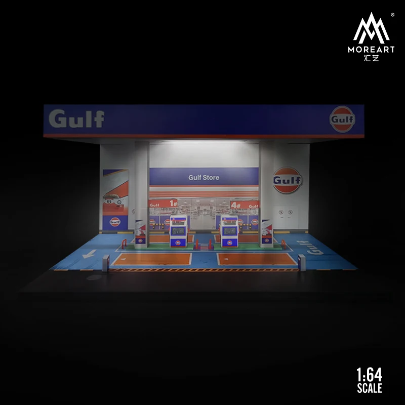 MoreArt 1/64 Car Model Scene Gulf Gas Station PVC Diorama Scene Storage Box Theme Display Cabinet Case Toy Gift (without car)