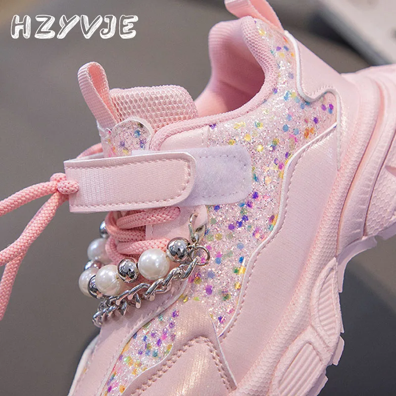 Girls Fashion with Chain Princess Shoes Winter Plush Warm Thick Sole Sports Shoes Middle and Large Kid Casual All-match Sneakers