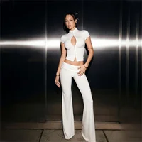 Women Fashion Sexy Short Sleeves Suit Casual Sheath Hollow Out 2 Pieces (Tops+Long Pant) Matching Sets Female Street Tracksuit - Image 2