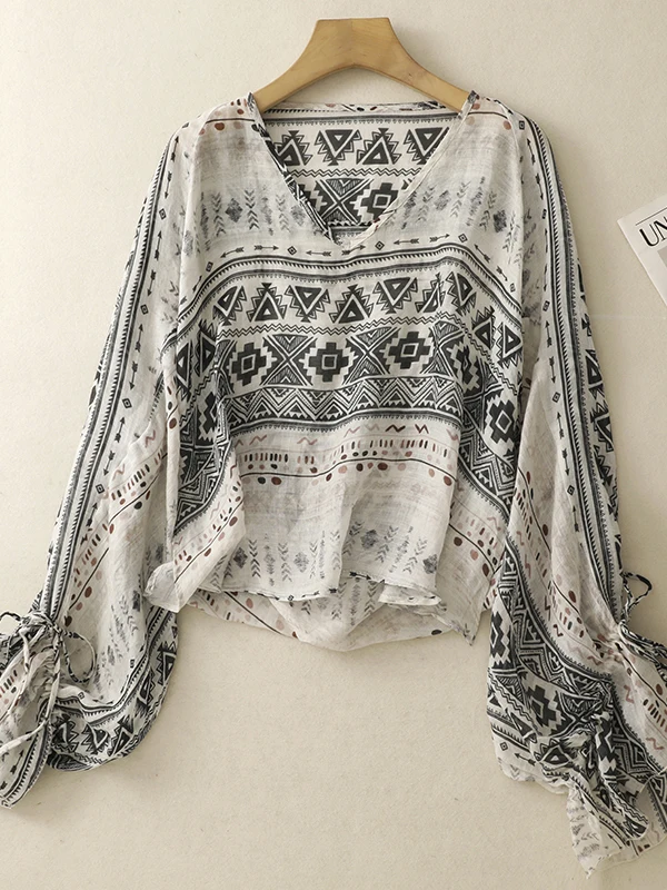 Sun Protection Long Sleeve Shirt Women's Slim Fit V-Neck Printed Linen Elastic Cuff Loose Style Summer Thin Shirt
