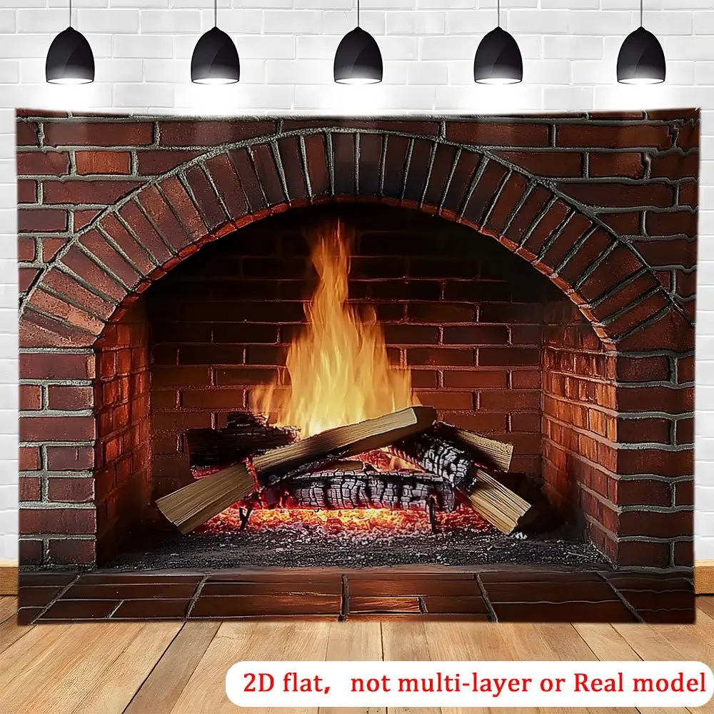 2D flaches, realistisches Kamin-Hintergrundbanner – mit brennendem Holz und Flammeneffekten – langlebige Partydekoration aus Polyestergewebe