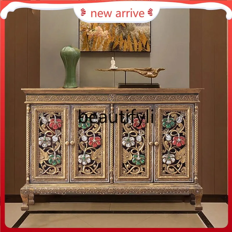 D2520 Armario de entrada grabado de madera maciza estilo Tailandia Lanna, mueble de pantalla para sala de estar de Asia del Sur, mueble de almacenamiento