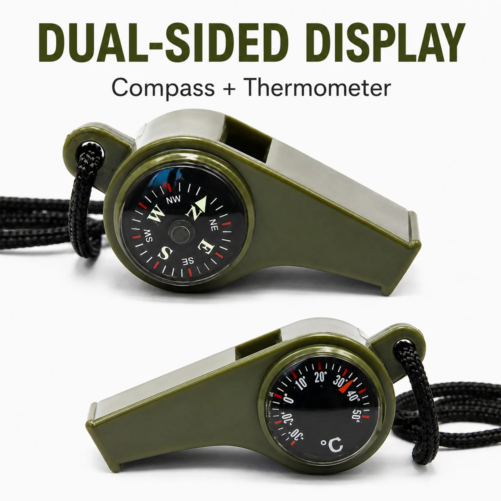 3 in 1 Compass High Decibel Emergency Rescue Whistle with Compass Thermometer and Keychain Camping Hiking and Outdoor Activities
