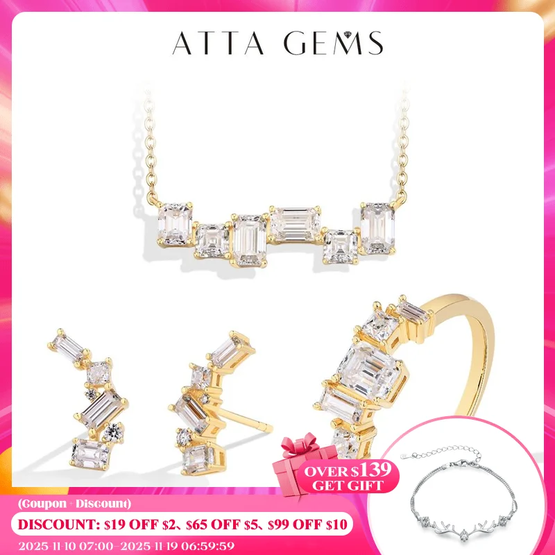 

ATTAGEMS Baguette Emerald Cut Moissanite Jewelry Set for Women Rings Earrings Necklace S925 Sterling Silver 3 Piece Wedding Gift