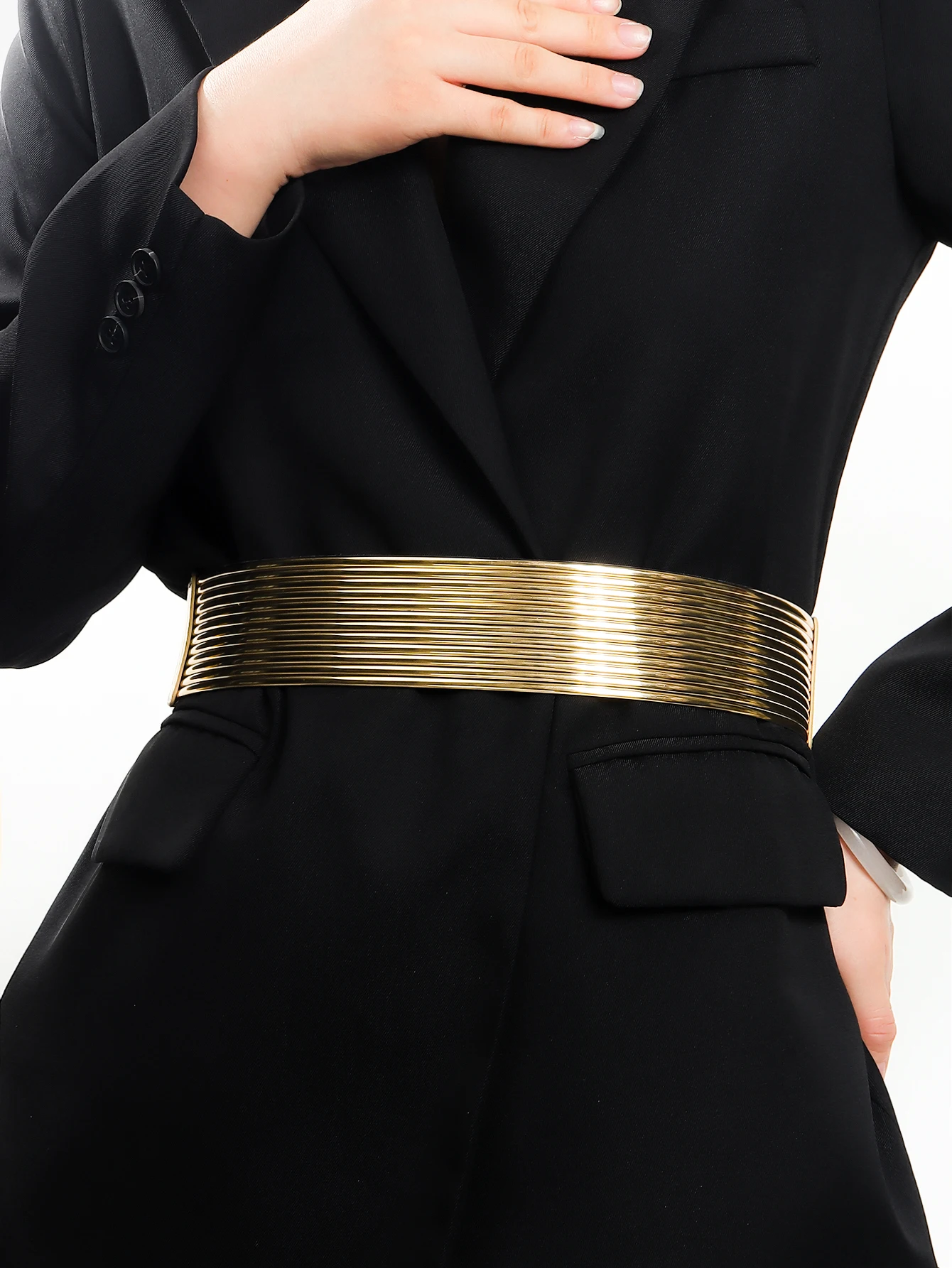 Shiny Gold Layered Elastic Waist Belt, Elegant Stretch PU Band Cincher, All-Match Decorative Belt for Dresses Suits & Blouses